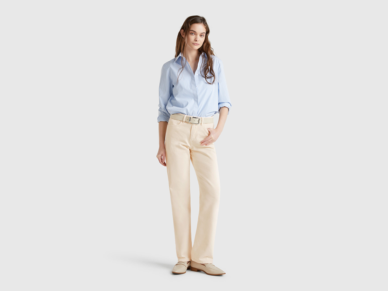 Benetton Kadın Krem %100 Pamuk Normal Bel Regular Fit Denim Pantolon