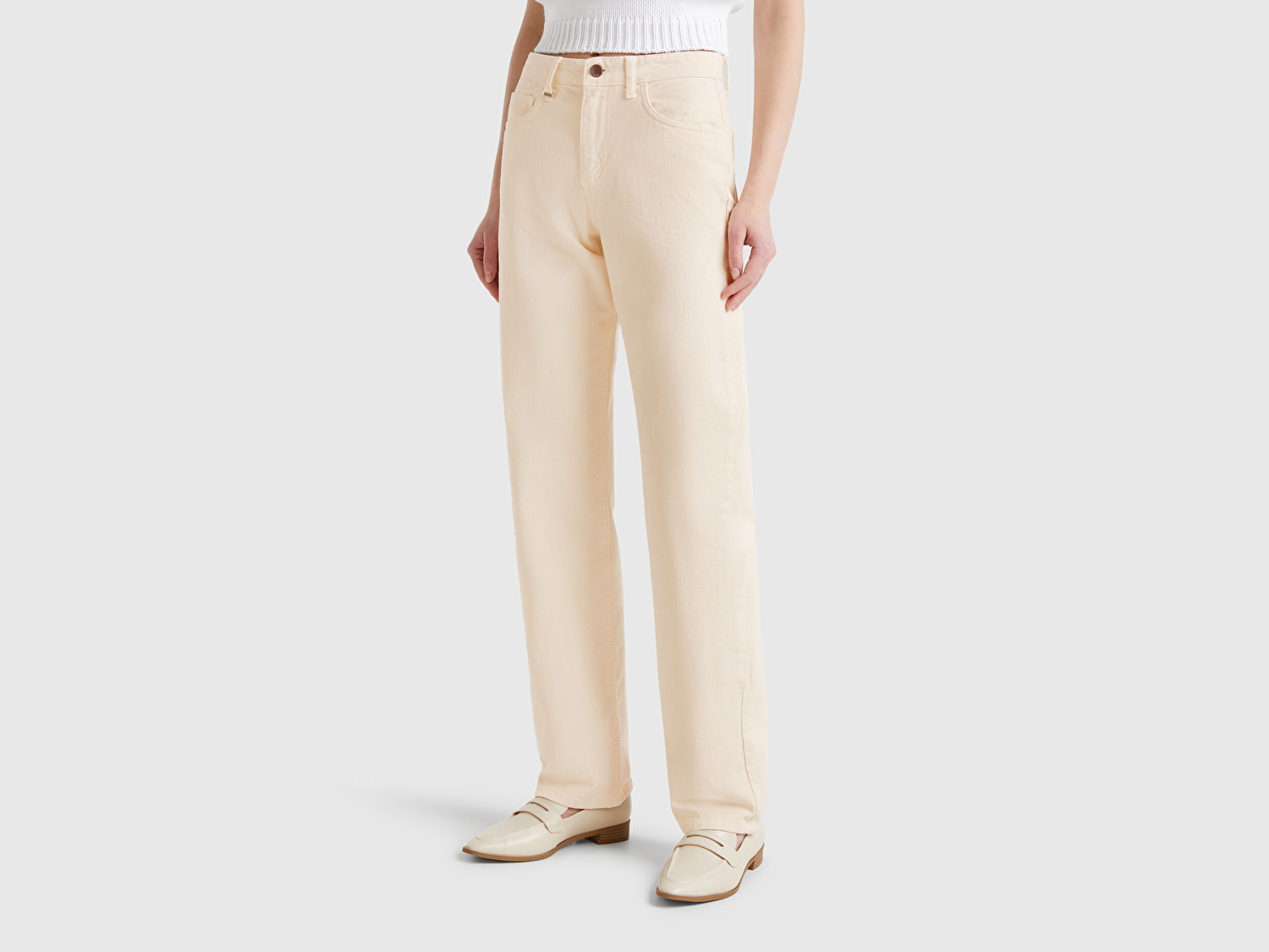 Benetton Kadın Krem %100 Pamuk Normal Bel Regular Fit Denim Pantolon