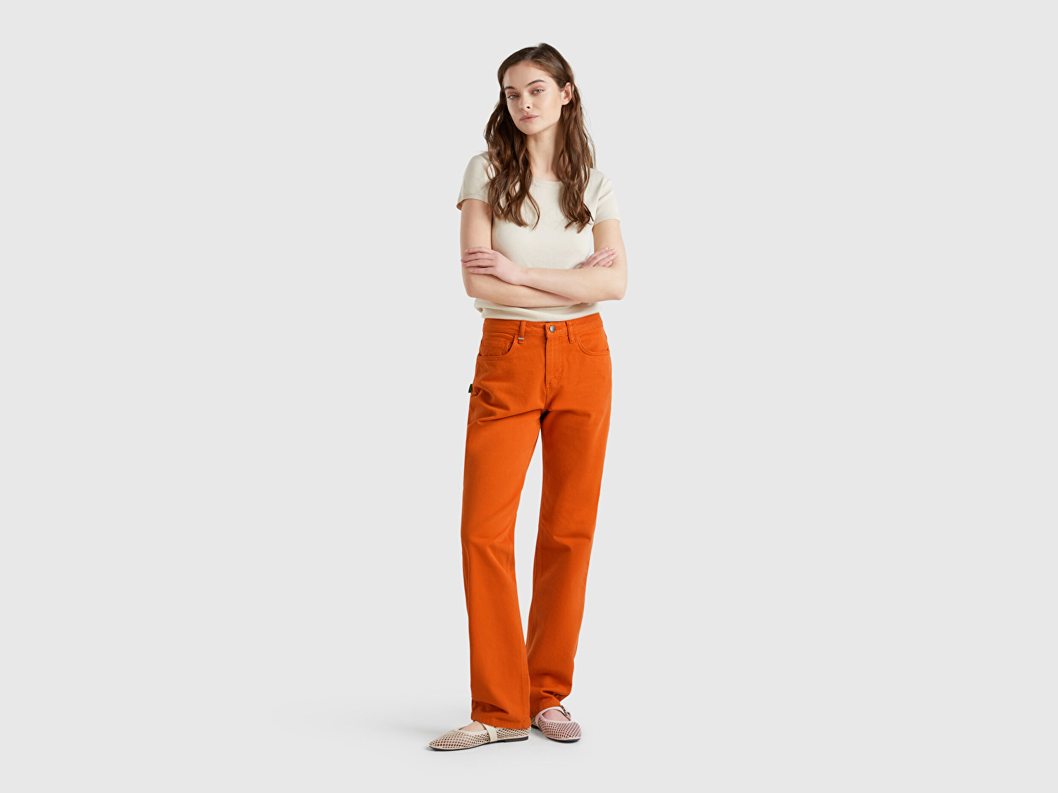 Benetton Kadın Turuncu %100 Pamuk Normal Bel Regular Fit Denim Pantolon
