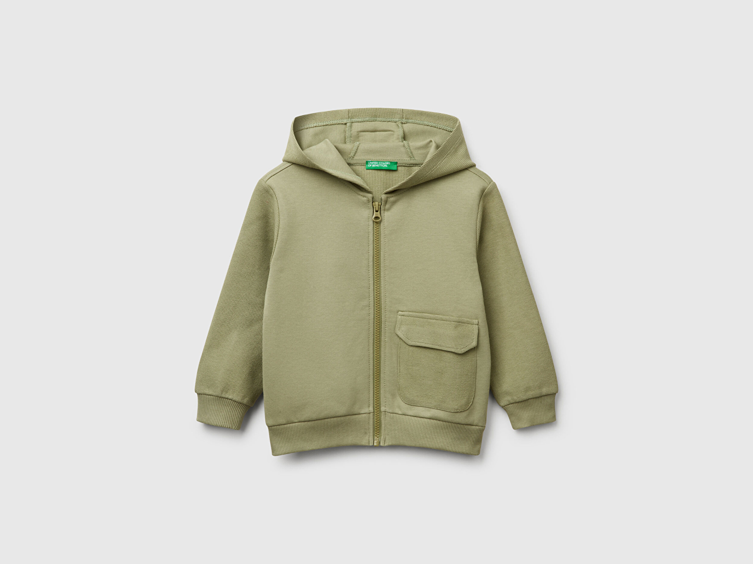 Benetton Erkek Bebek Haki Fermuarlı Yama Cepli Kapüşonlu Sweatshirt