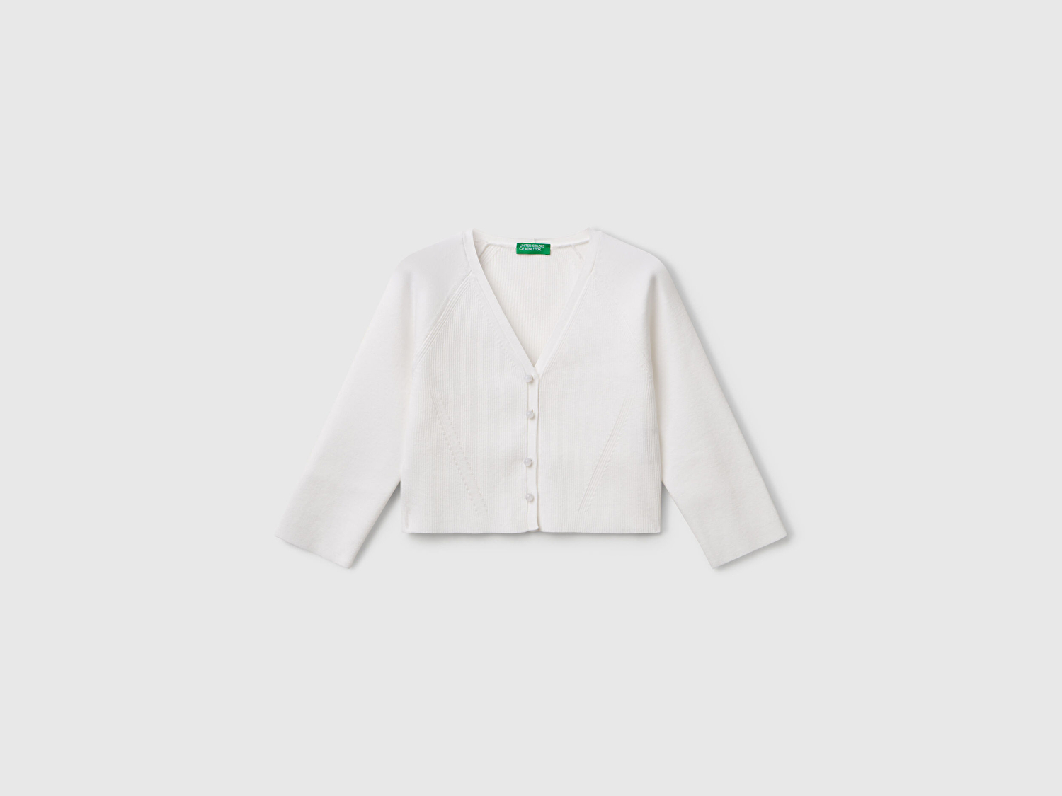 Benetton Kız Çocuk Beyaz Viskoz Karışımlı Nervür Motifli V Yaka Hırka