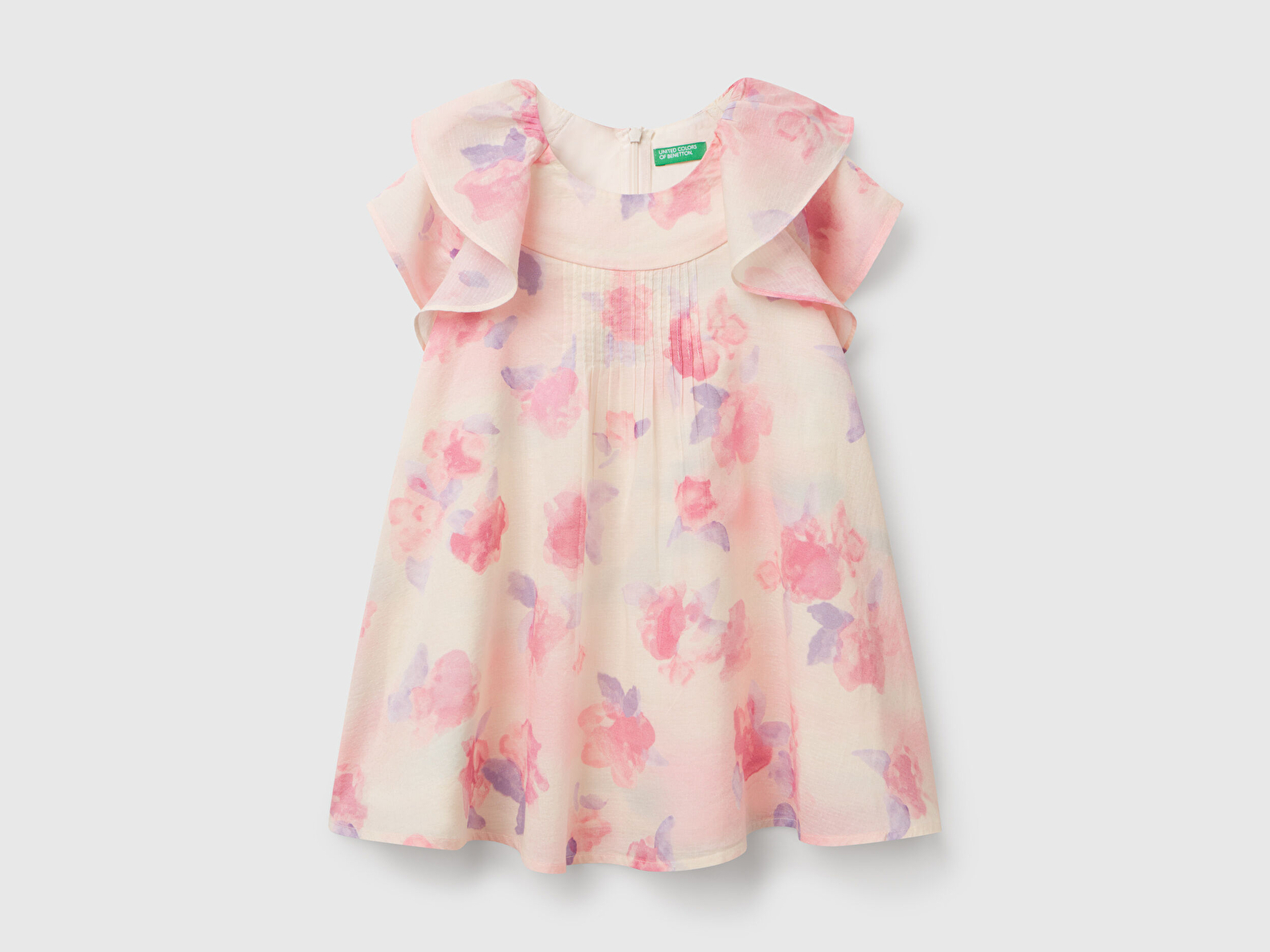Benetton Kız Bebek Pembe Mix Tamamı Desenli Omzu Fırfır Detaylı Müslin Elbise