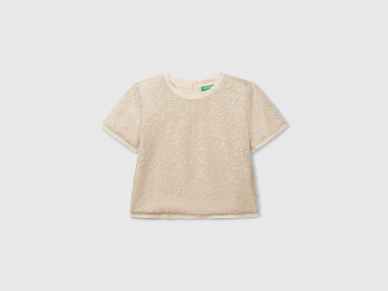 Benetton Kız Çocuk Ekru Payetli Tül Astarlı Arkası Tek Düğmeli Kısa Kollu Bluz