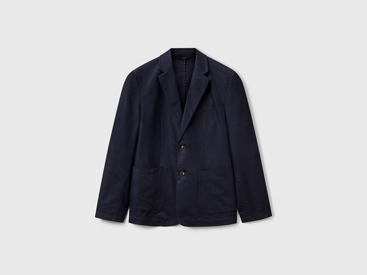Benetton Erkek Lacivert Keten Karışımlı Biyeli Cep Detaylı Çift Düğmeli Blazer Ceket