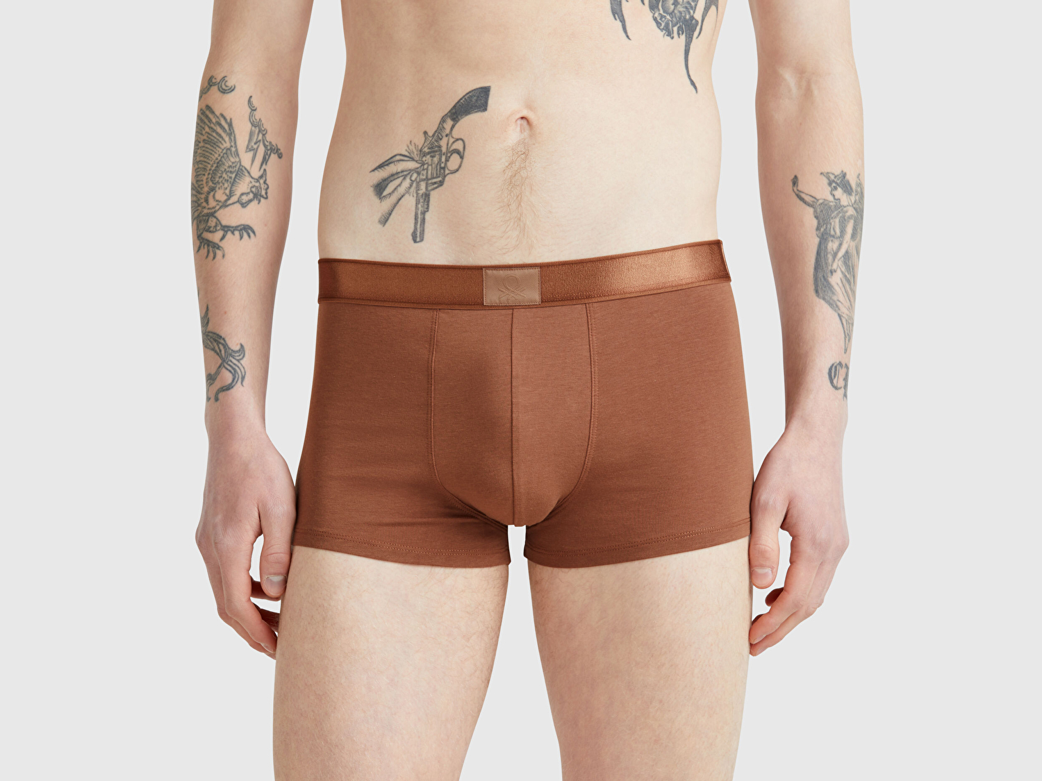 Benetton Erkek Kahverengi Pamuk Karışımlı Beli Logo Baskılı Boxer
