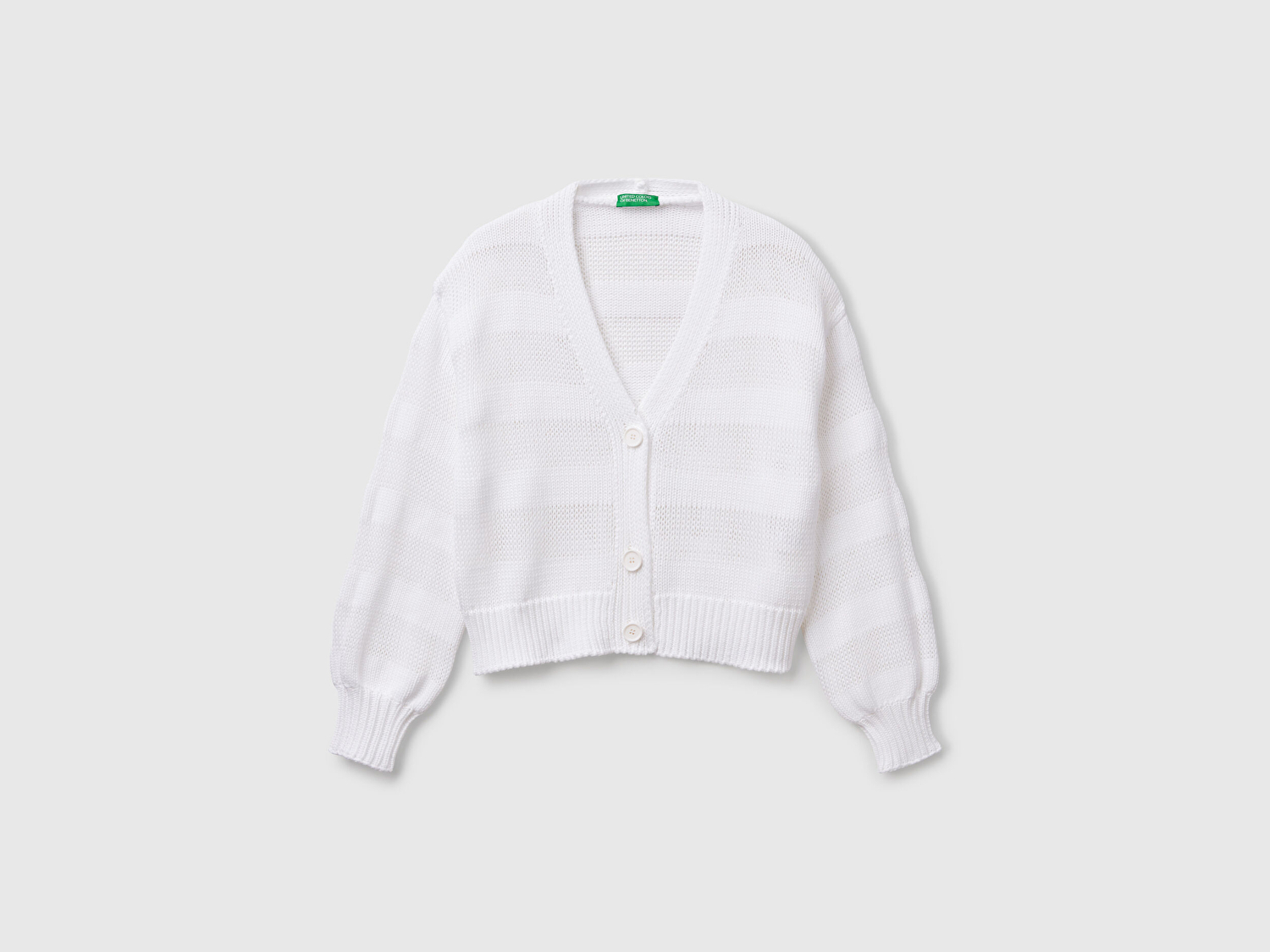 Benetton Kadın Beyaz %100 Pamuk Şerit Efektli Düşük Omuzlu Örme Relax Fit Hırka