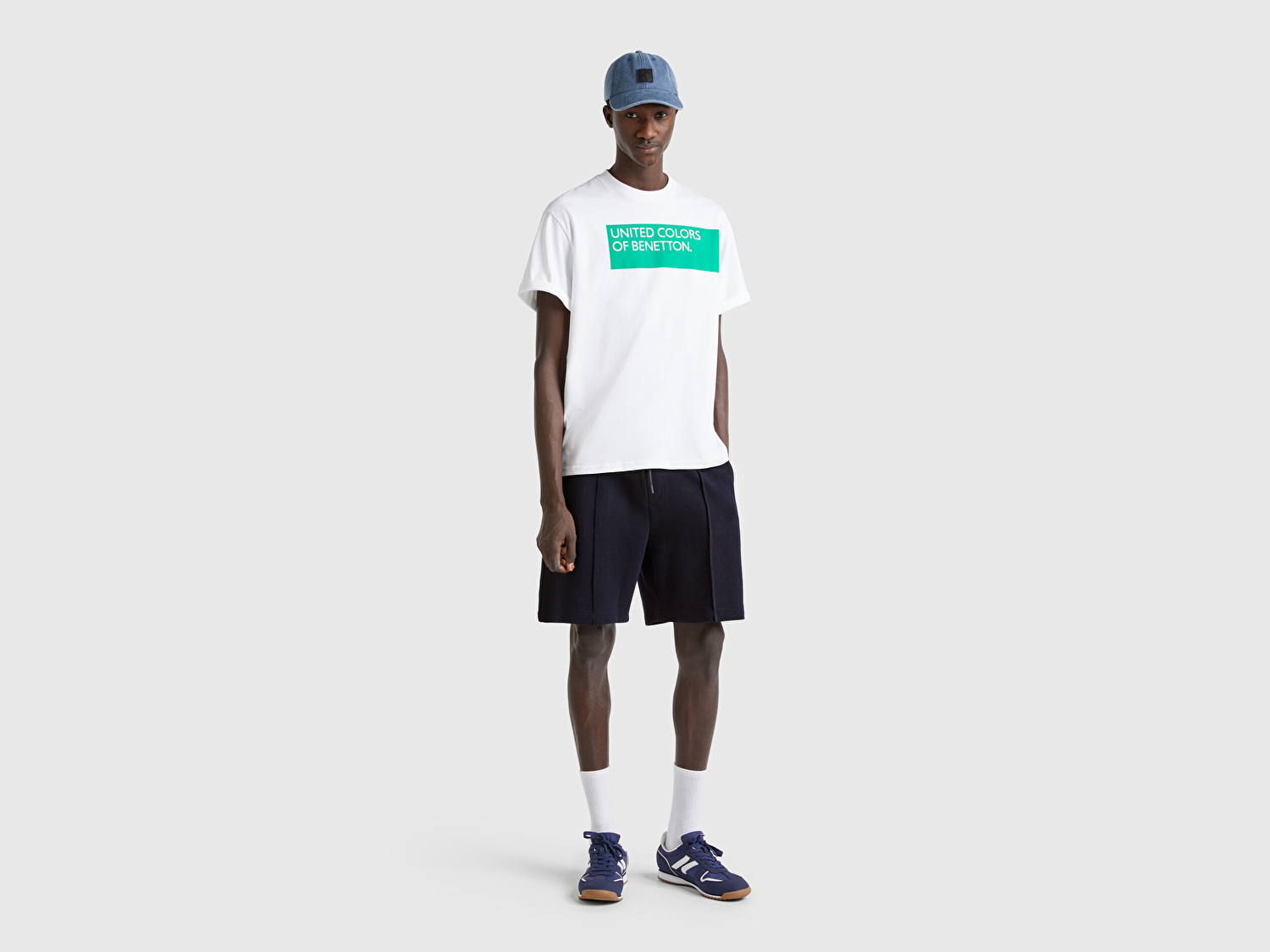 Benetton Erkek Lacivert %100 Pamuk Logo Detaylı Beli Büzgü İpli Bermuda Şort