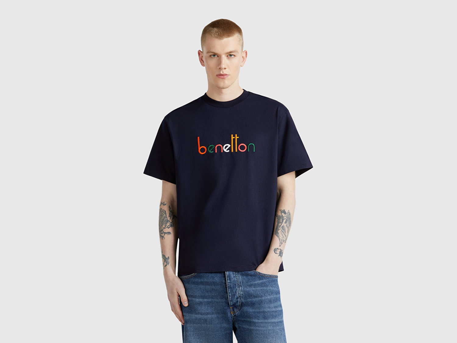 Benetton Erkek Lacivert %100 Pamuk Önü Logo İşlemeli Oversize T-Shirt