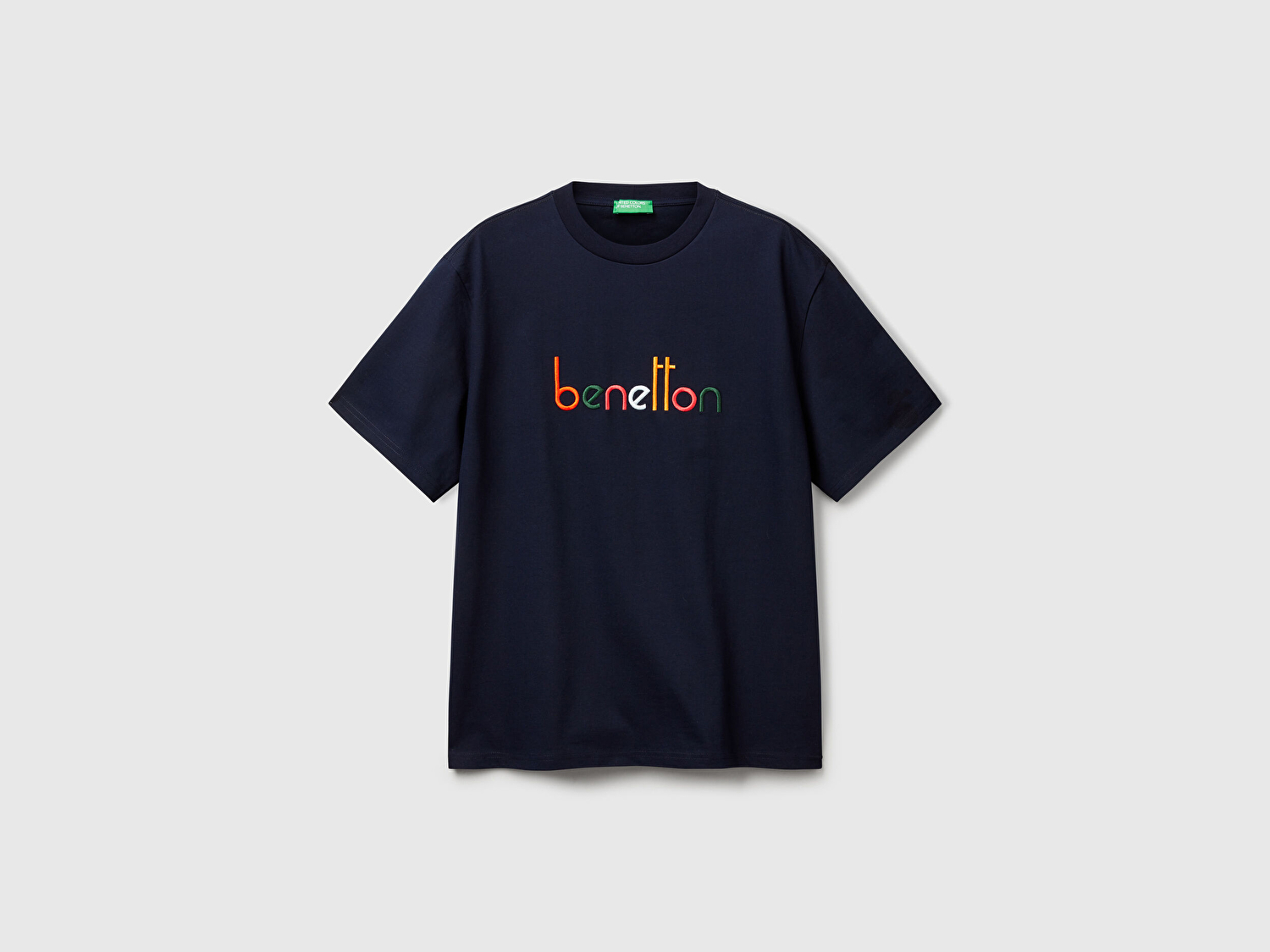 Benetton Erkek Lacivert %100 Pamuk Önü Logo İşlemeli Oversize T-Shirt