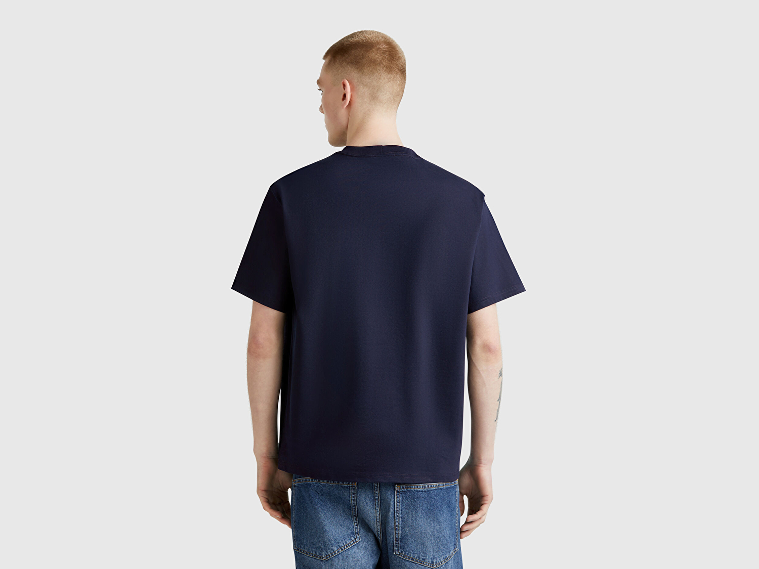 Benetton Erkek Lacivert %100 Pamuk Önü Logo İşlemeli Oversize T-Shirt