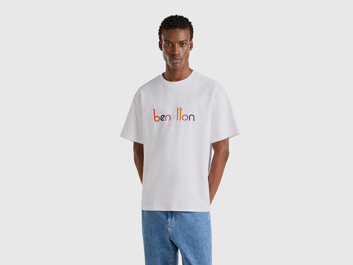 Benetton Erkek Beyaz %100 Pamuk Önü Logo İşlemeli Oversize T-Shirt