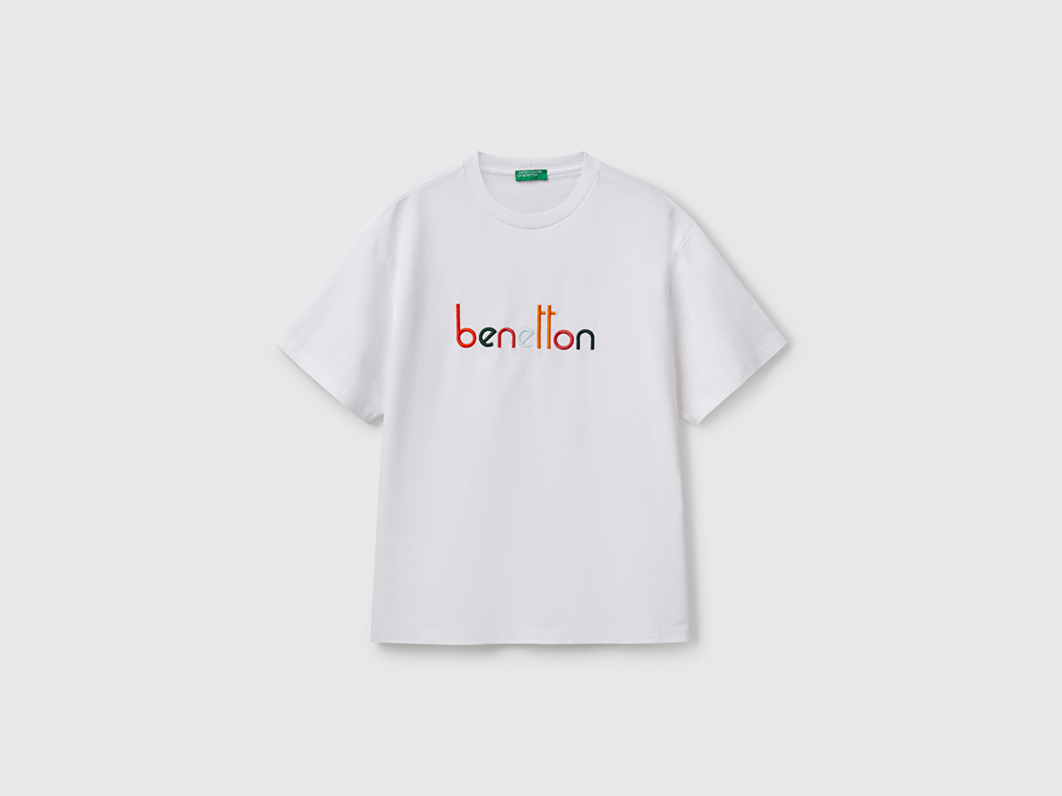 Benetton Erkek Beyaz %100 Pamuk Önü Logo İşlemeli Oversize T-Shirt