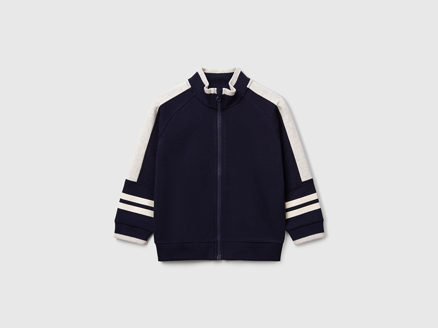 Benetton Erkek Bebek Lacivert Kolu Çizgili Baskılı Kontrast Renkli Fermuarlı Sweatshirt