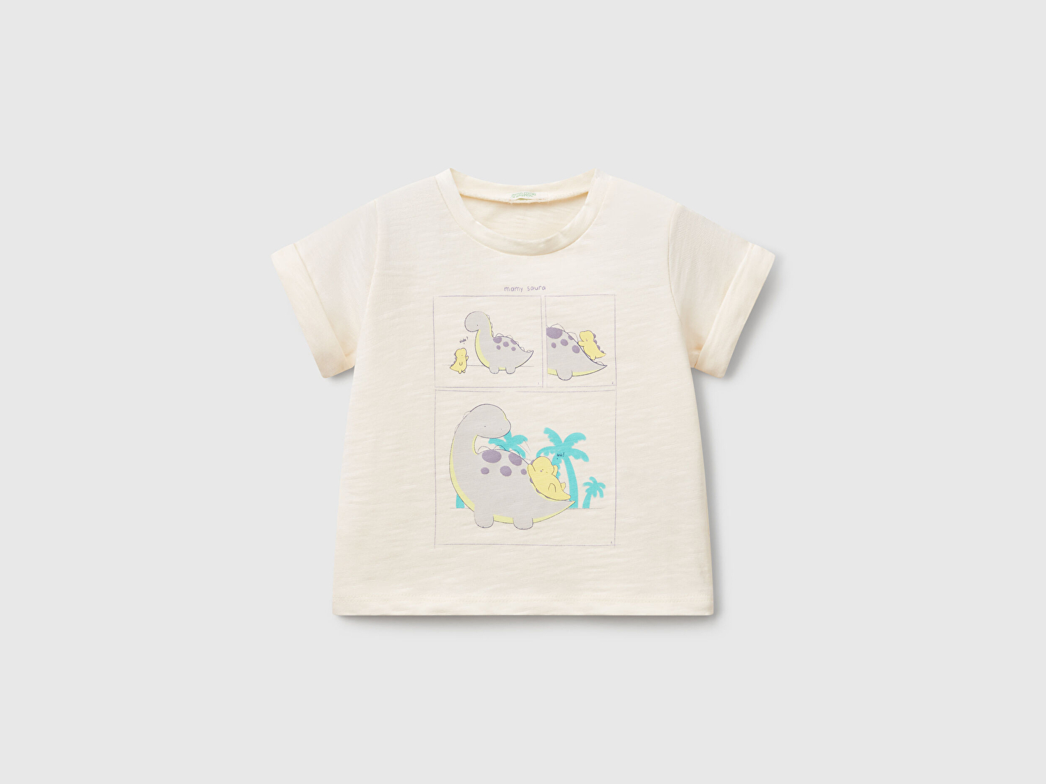 Benetton Bebek Krem Önü Baskılı Omzu Çıtçıtlı Manşet Detaylı T-Shirt