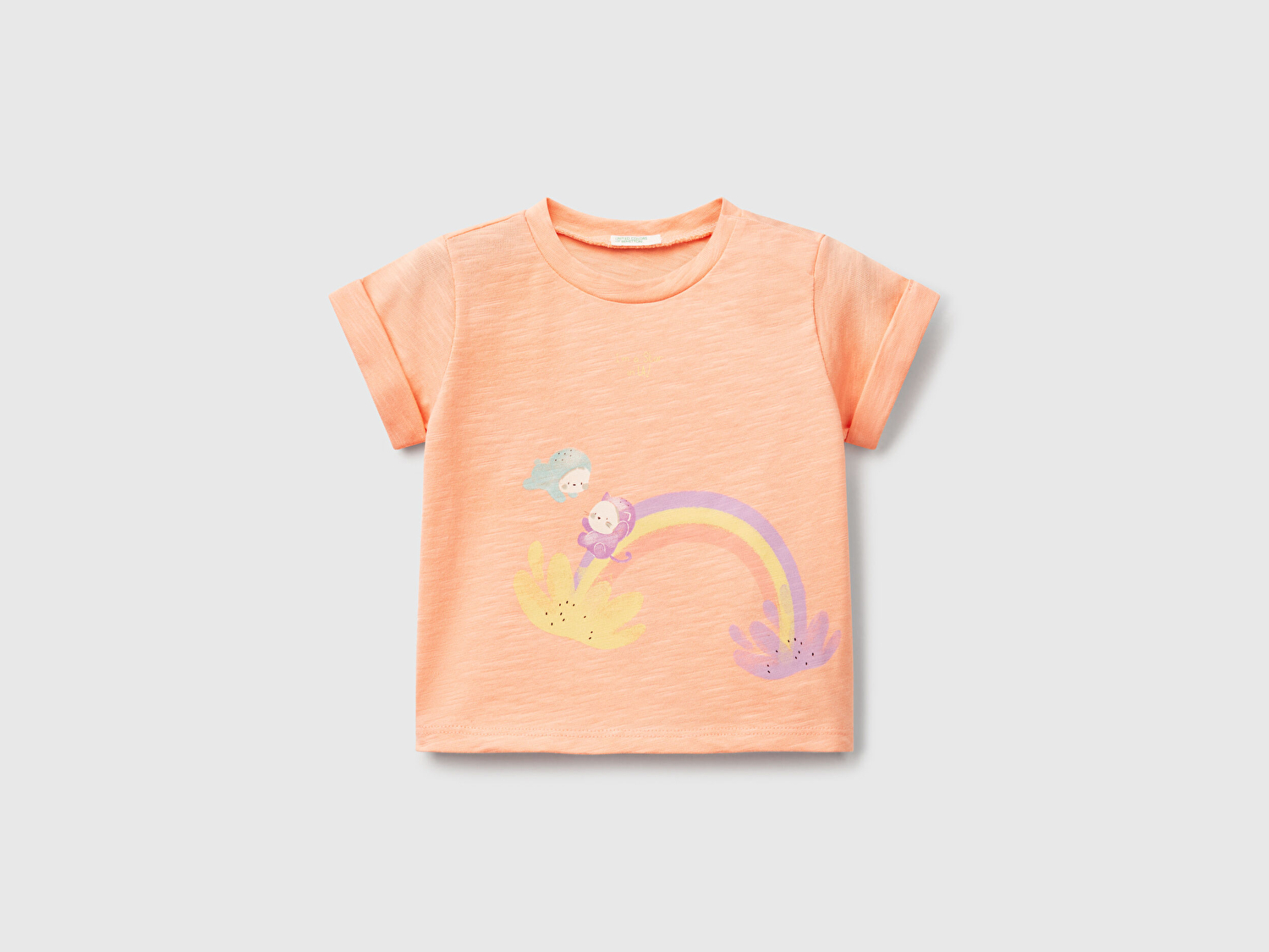 Benetton Bebek Yavruağzı Önü Baskılı Omzu Çıtçıtlı Manşet Detaylı T-Shirt