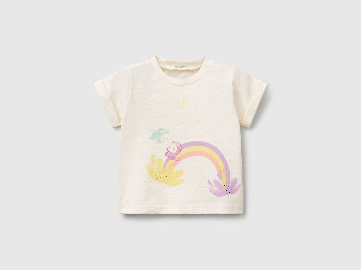Benetton Bebek Ekru Önü Baskılı Omzu Çıtçıtlı Manşet Detaylı T-Shirt