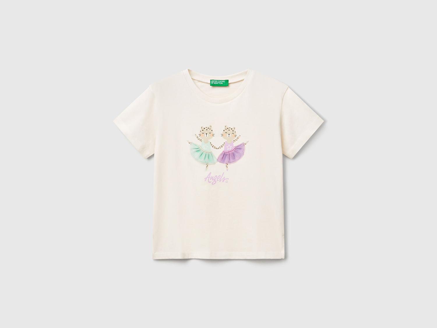 Benetton Kız Bebek Ekru Önü Baskılı Tül Aplikli Yırtmaçlı T-Shirt