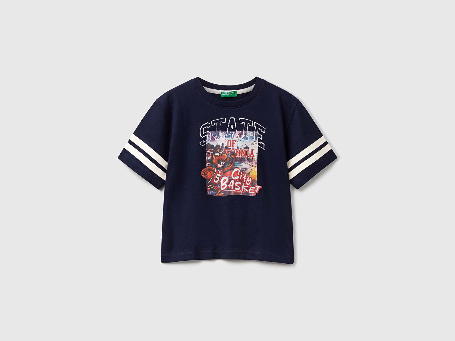 Benetton Erkek Bebek Lacivert Fotoğraf Baskılı Kolu Çizgili Oversize T-Shirt