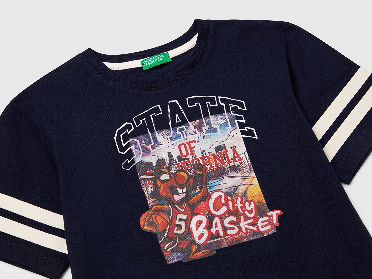 Benetton Erkek Bebek Lacivert Fotoğraf Baskılı Kolu Çizgili Oversize T-Shirt