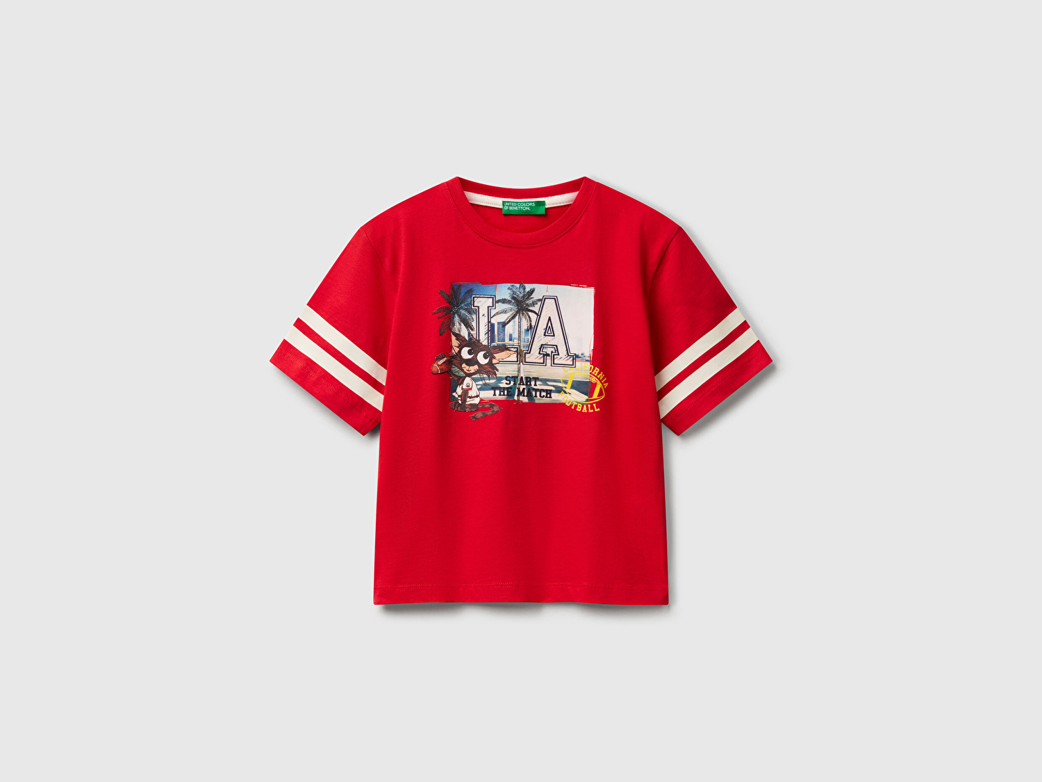 Benetton Erkek Bebek Kırmızı Fotoğraf Baskılı Kolu Çizgili Oversize T-Shirt