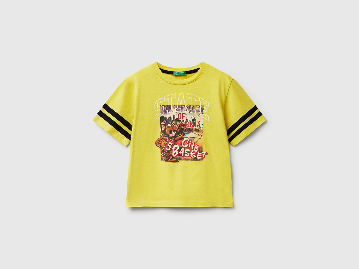 Benetton Erkek Bebek Sarı Fotoğraf Baskılı Kolu Çizgili Oversize T-Shirt
