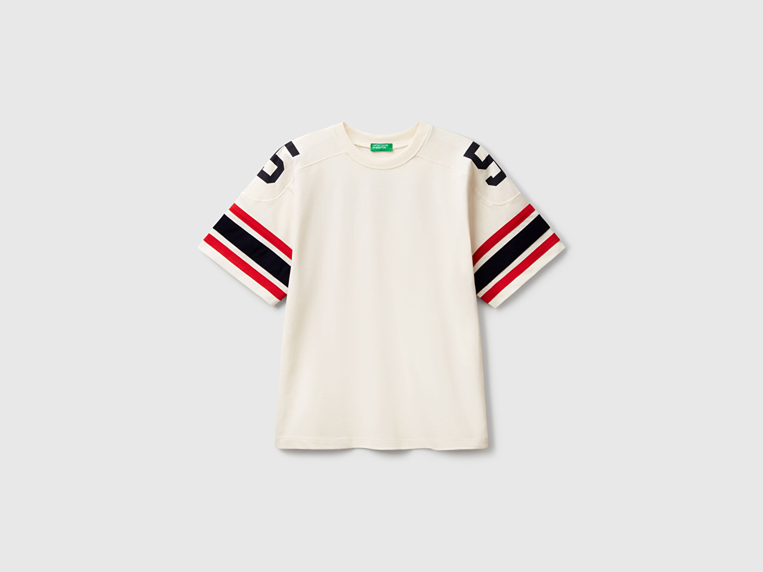 Benetton Erkek Çocuk Ekru Baskılı Kolları Şerit Detaylı Oversize T-Shirt