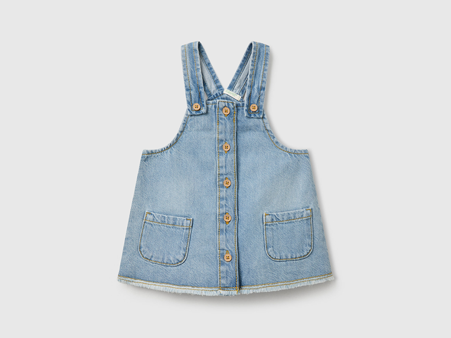 Benetton Bebek Denim Arkası Logo Etiketli Yama Cepli Saçaklı Salopet