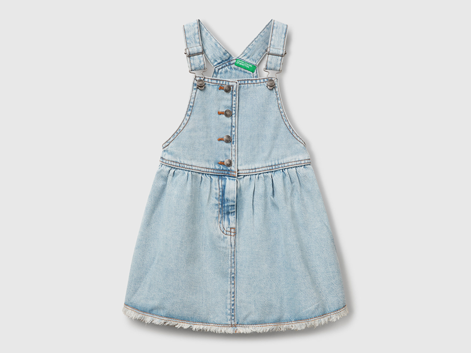 Benetton Kız Bebek Açık Denim Taş Yıkama Pileli Ayarlanabilir Askılı Denim Salopet