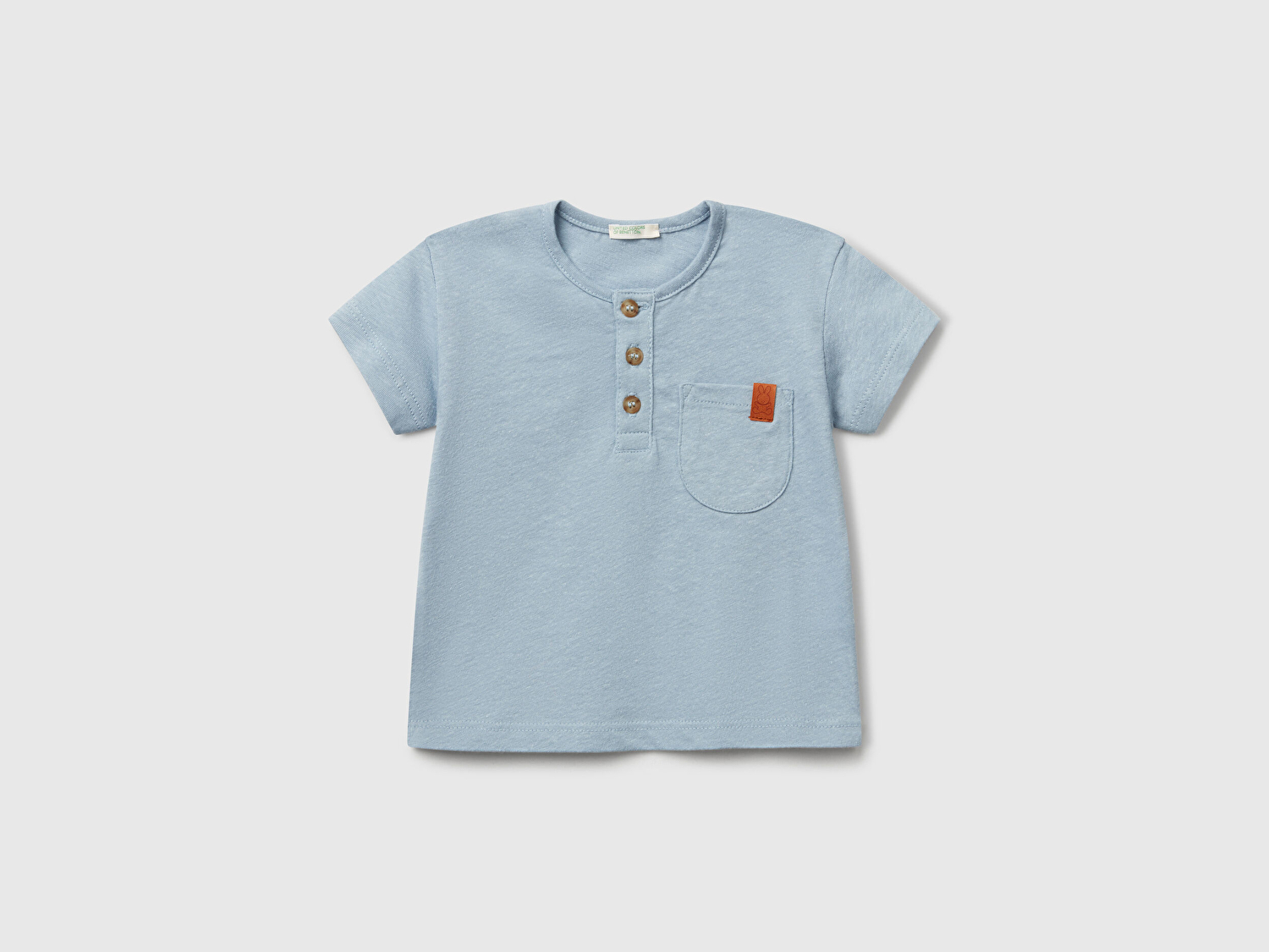Benetton Bebek Mavi Önü Detaylı Logolu Tek Cepli Bisiklet Yaka T-Shirt