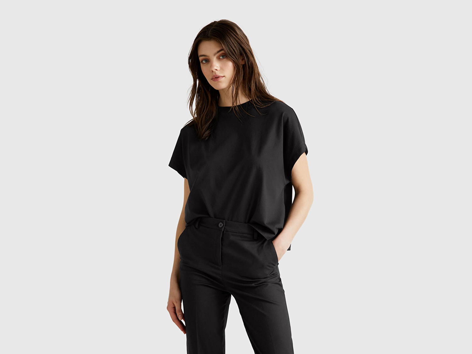 Benetton Kadın Siyah %100 Pamuk Kimono Kollu Bisiklet Yaka T-Shirt