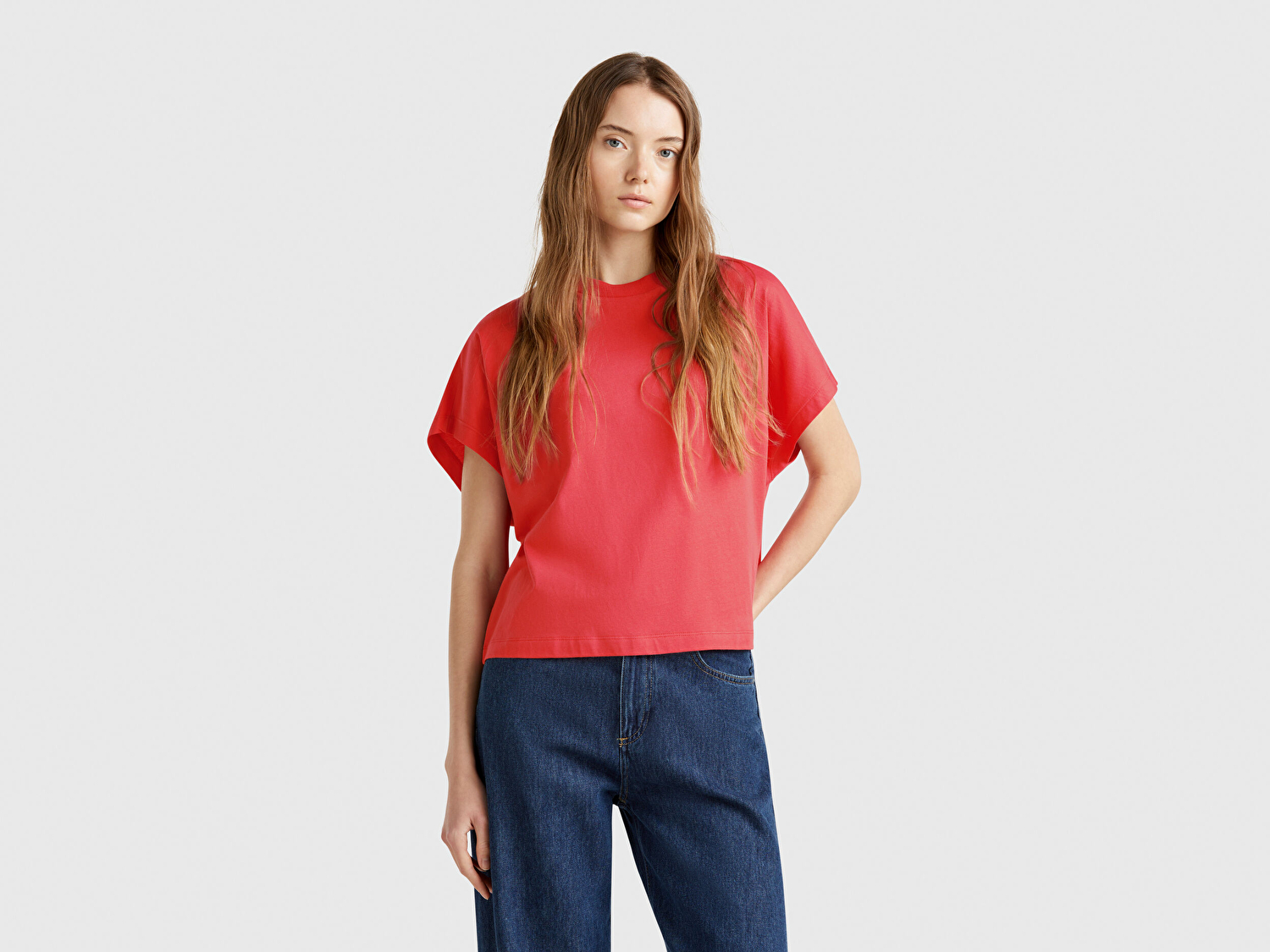 Benetton Kadın Mercan %100 Pamuk Kimono Kollu Bisiklet Yaka T-Shirt