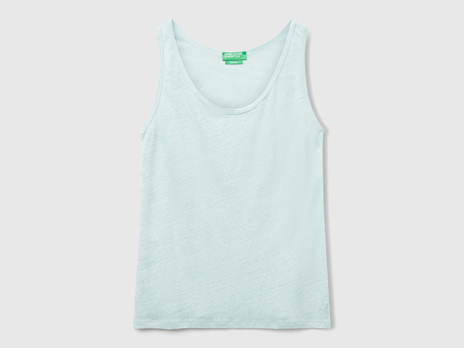 Benetton Kadın Su Yeşili %100 Keten Yanları Yırtmaçlı Regular Fit Yuvarlak Yaka Atlet