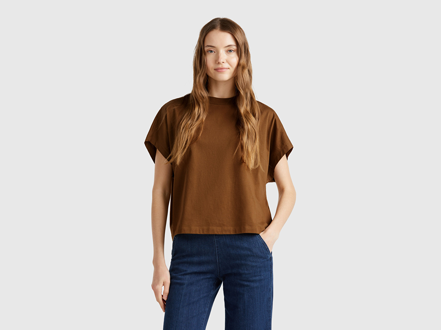 Benetton Kadın Kahverengi %100 Pamuk Kimono Kollu Bisiklet Yaka T-Shirt