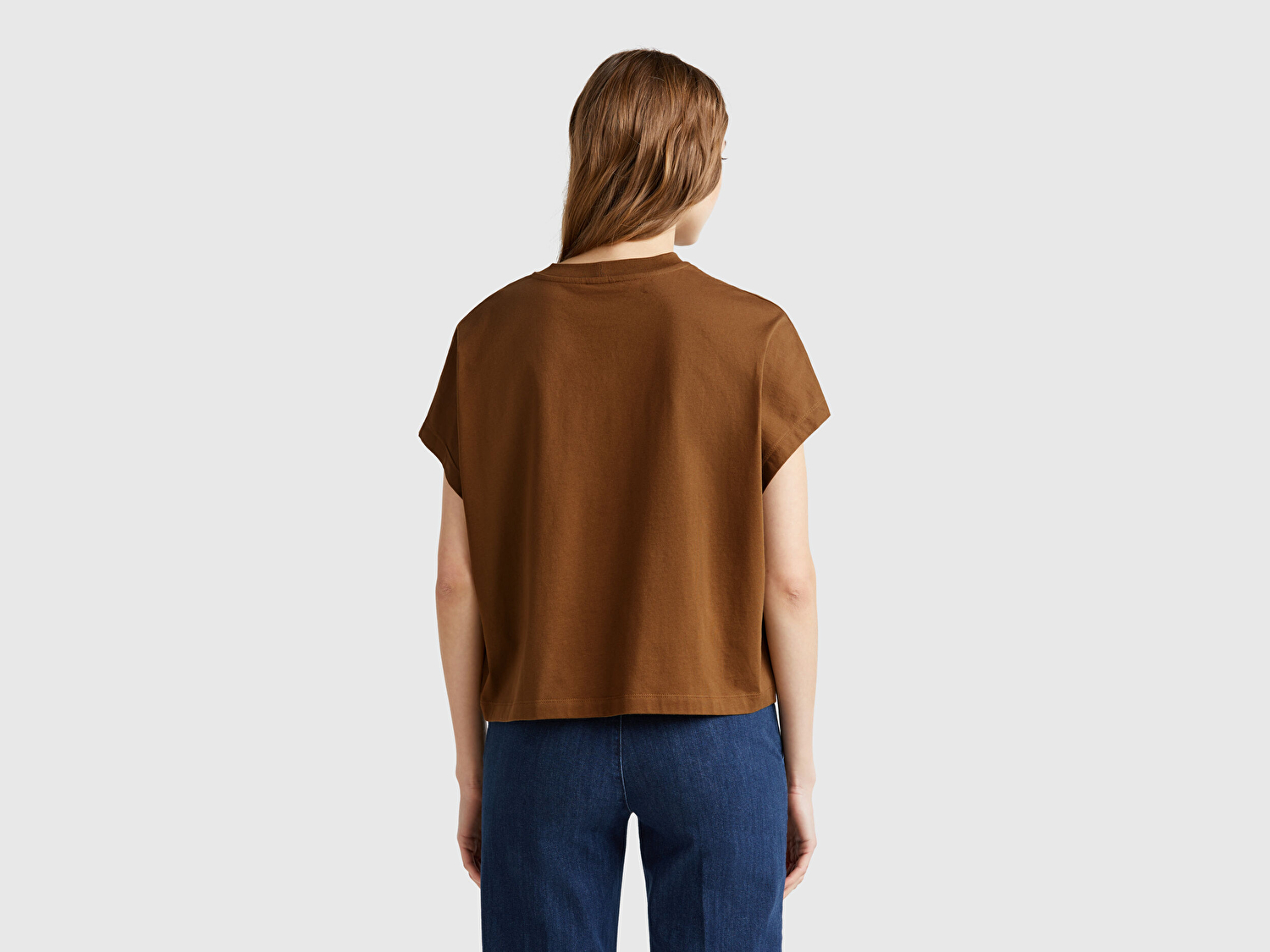 Benetton Kadın Kahverengi %100 Pamuk Kimono Kollu Bisiklet Yaka T-Shirt