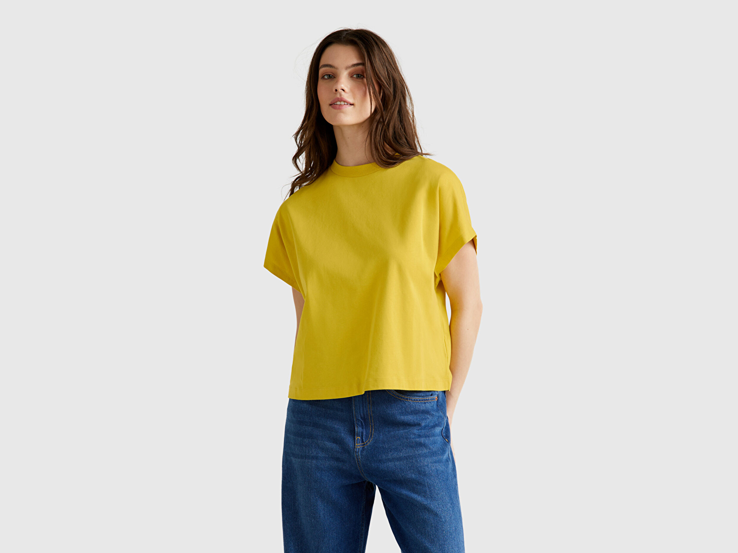 Benetton Kadın Sarı %100 Pamuk Kimono Kollu Bisiklet Yaka T-Shirt