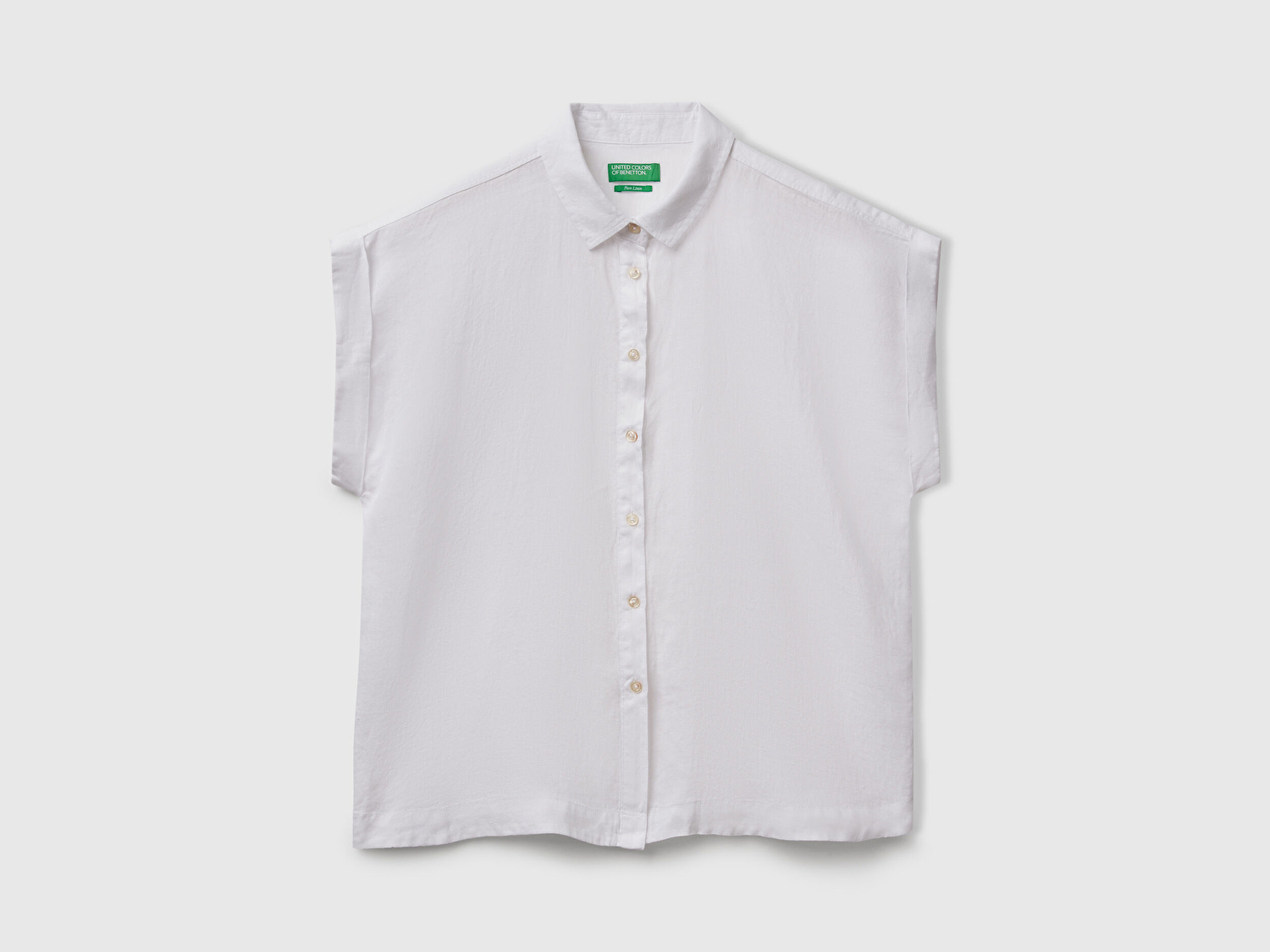 Benetton Kadın Beyaz %100 Keten Omuz Detaylı Kısa Kollu Gömlek