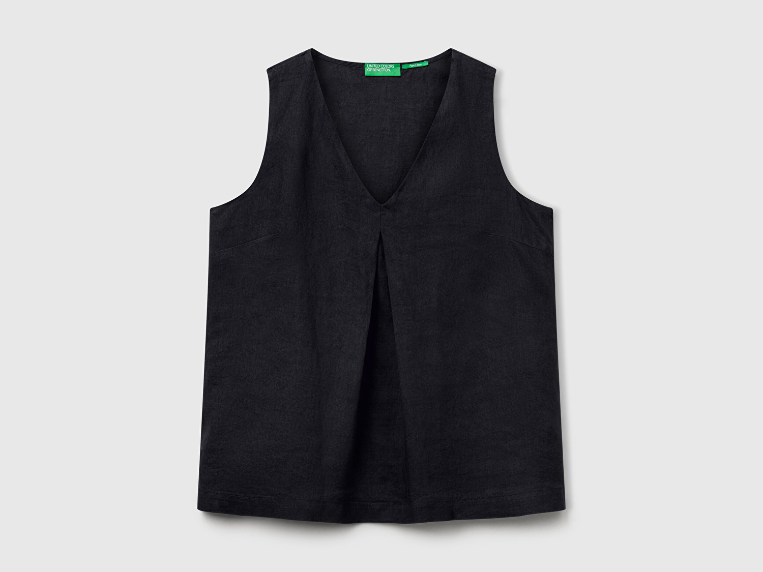 Benetton Kadın Siyah %100 Keten V Yaka Kolsuz Geniş Kesim Bluz