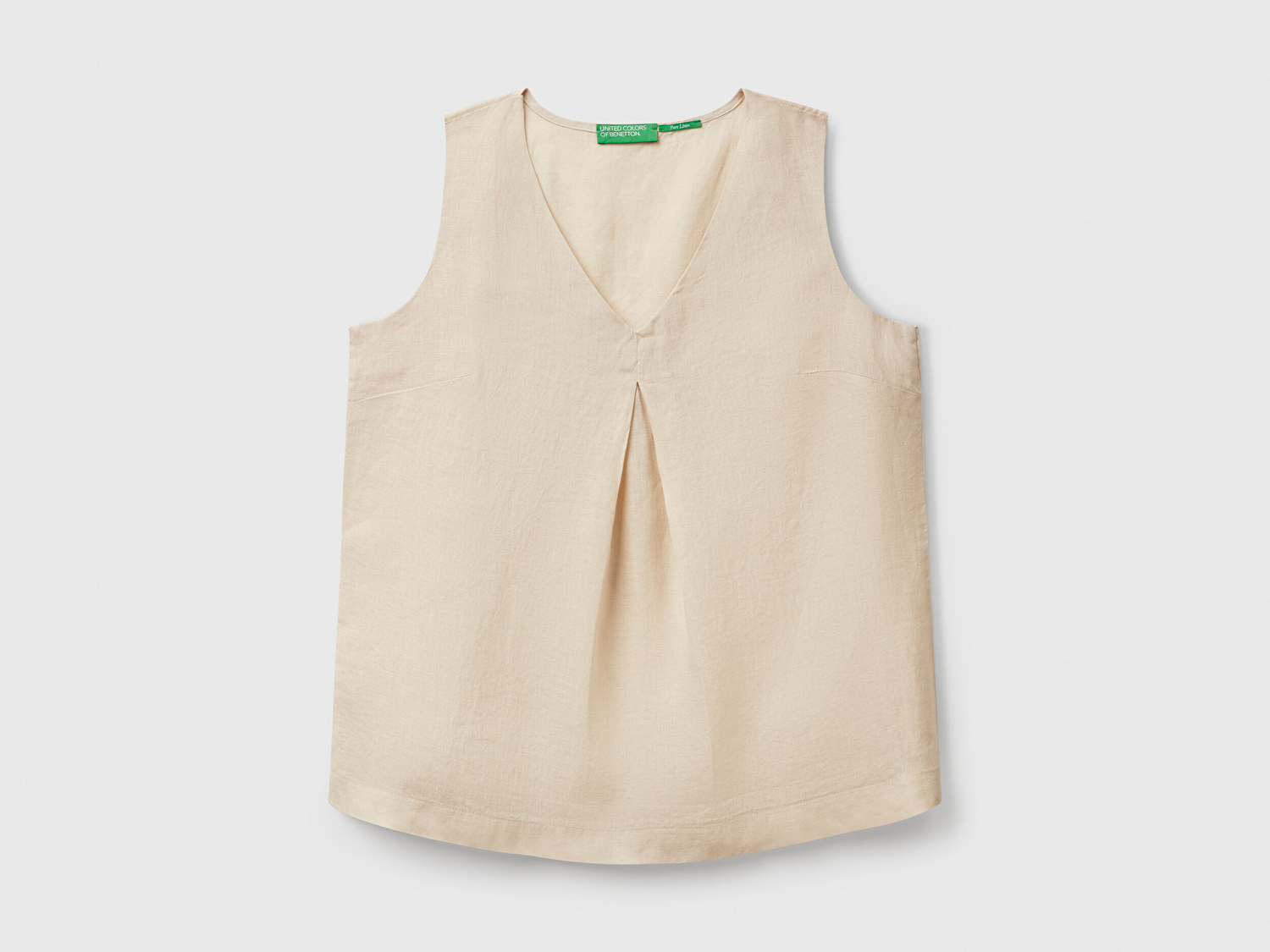 Benetton Kadın Taş Rengi %100 Keten V Yaka Kolsuz Geniş Kesim Bluz