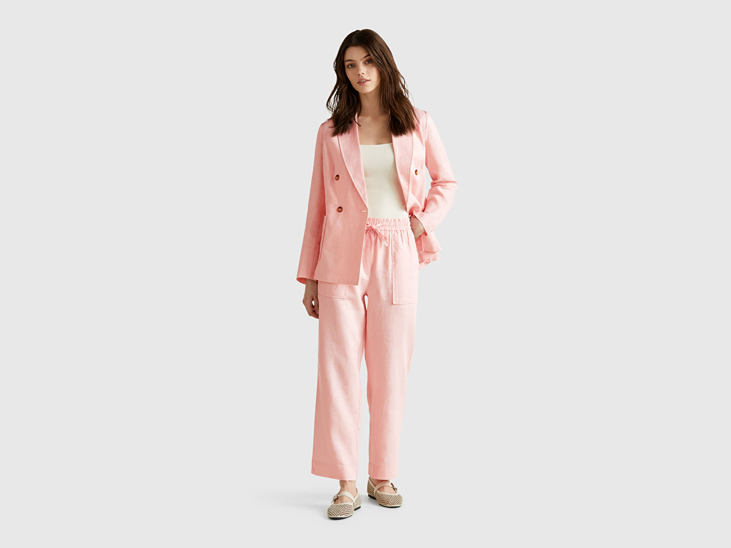 Benetton Kadın Pembe %100 Keten Büzgü İpli Cepli Sigaret Pantolon