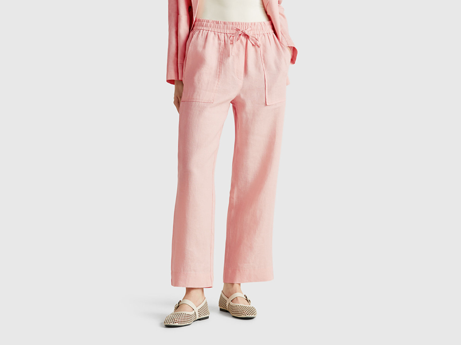 Benetton Kadın Pembe %100 Keten Büzgü İpli Cepli  Pantolon