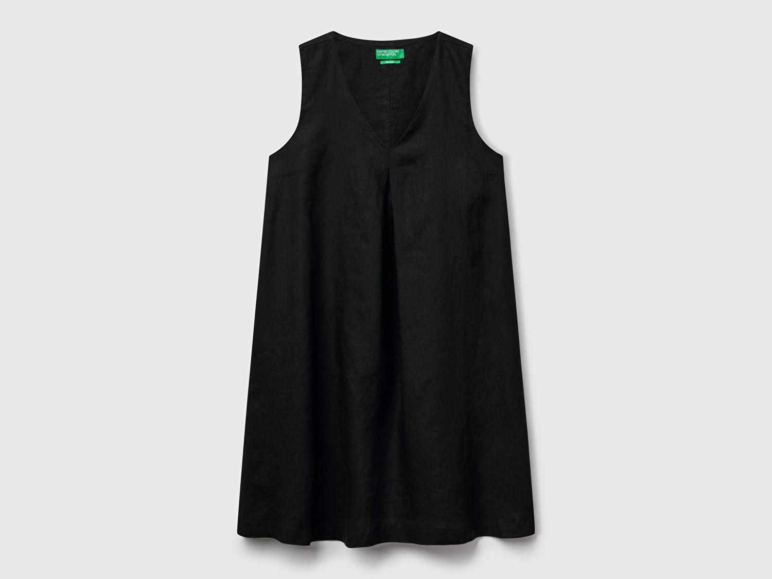 Benetton Kadın Siyah %100 Keten Yanı Fermuarlı A Kesim V Yaka Kısa Elbise