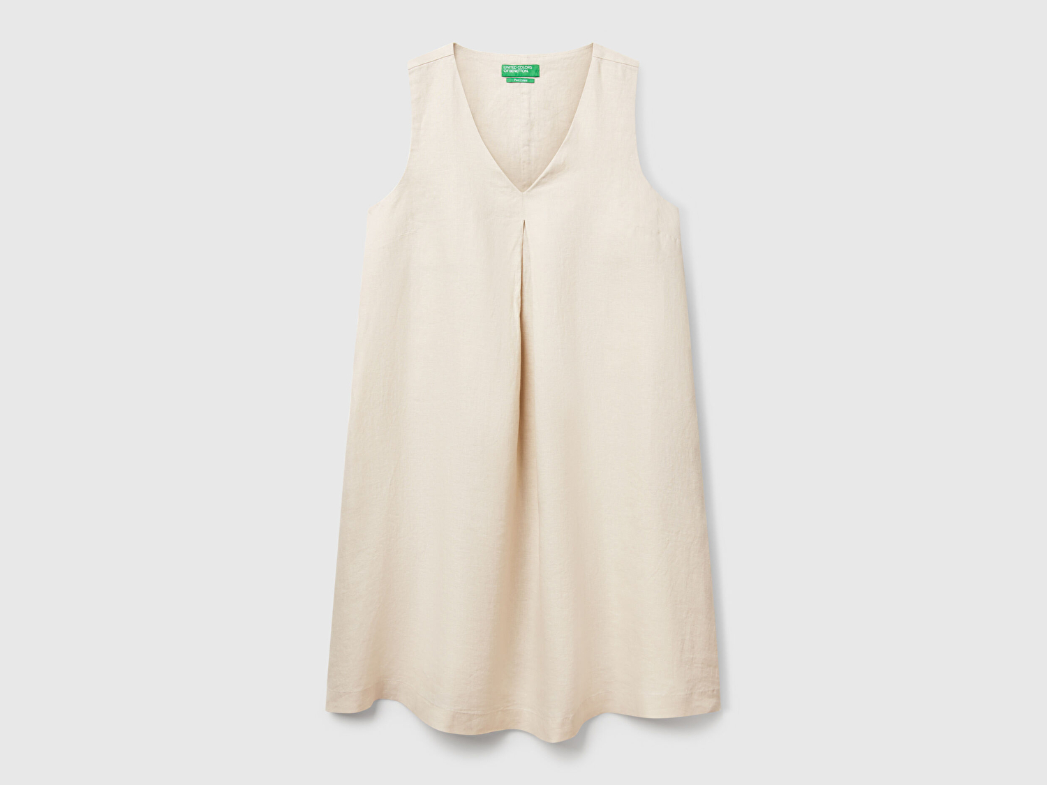 Benetton Kadın Taş Rengi %100 Keten Yanı Fermuarlı A Kesim V Yaka Kısa Elbise