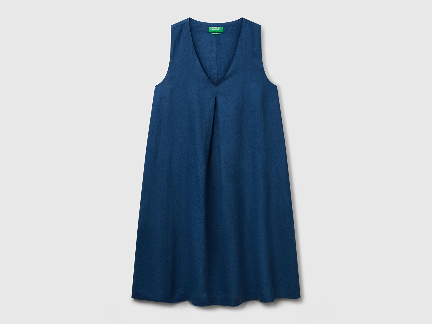 Benetton Kadın Denim %100 Keten Yanı Fermuarlı A Kesim V Yaka Kısa Elbise