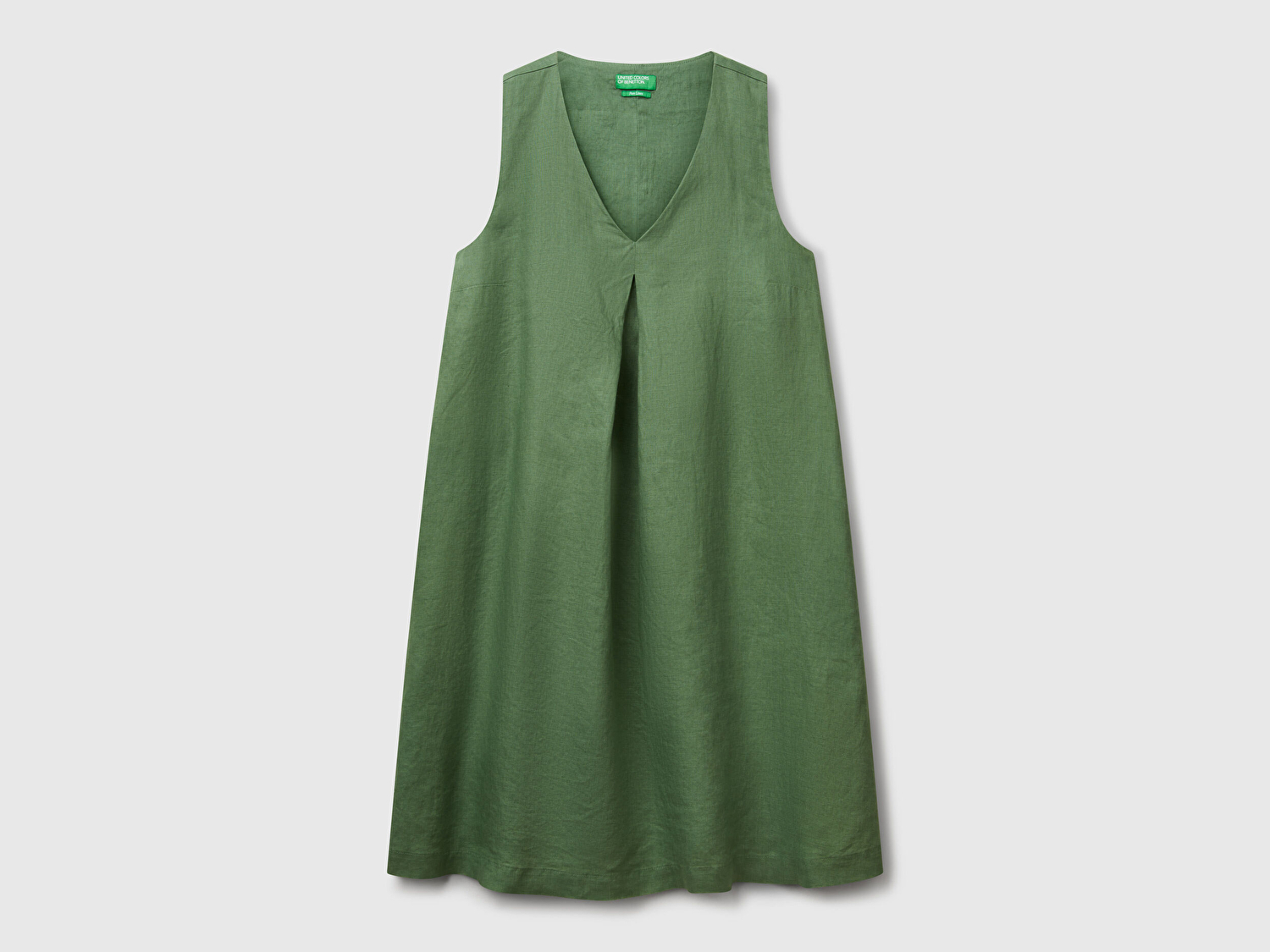 Benetton Kadın Açık Yeşil %100 Keten Yanı Fermuarlı A Kesim V Yaka Kısa Elbise