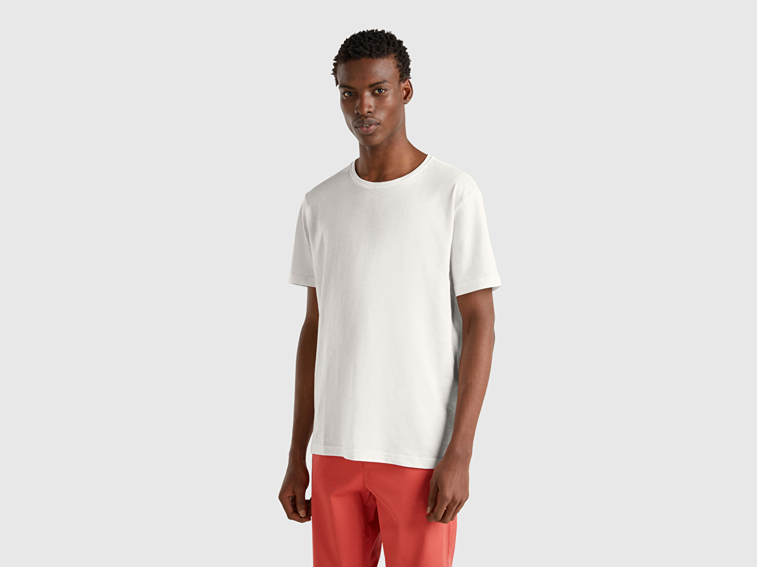 Benetton Erkek Beyaz %100 Koton Bisiklet Yaka T-Shirt