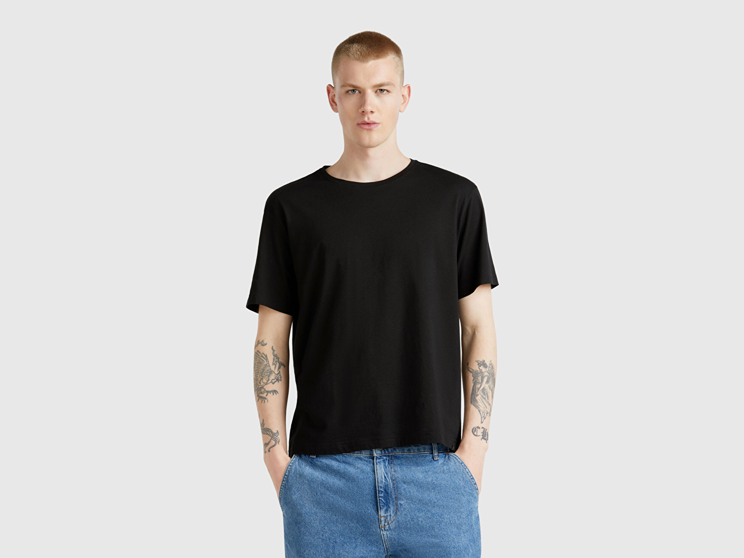 Benetton Erkek Siyah %100 Koton Bisiklet Yaka T-Shirt