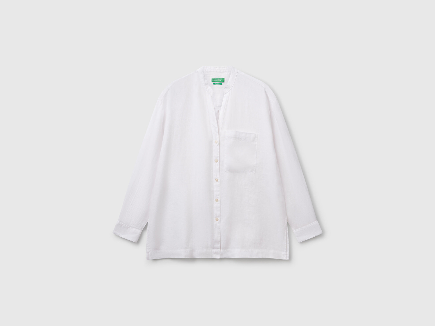 Benetton Kadın Beyaz %100 Keten Sol Önü Cepli Oversize Mandarin Yaka Gömlek