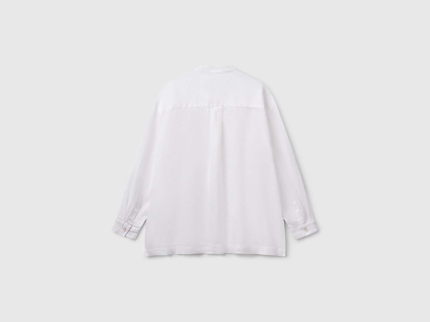 Benetton Kadın Beyaz %100 Keten Sol Önü Cepli Oversize Mandarin Yaka Gömlek