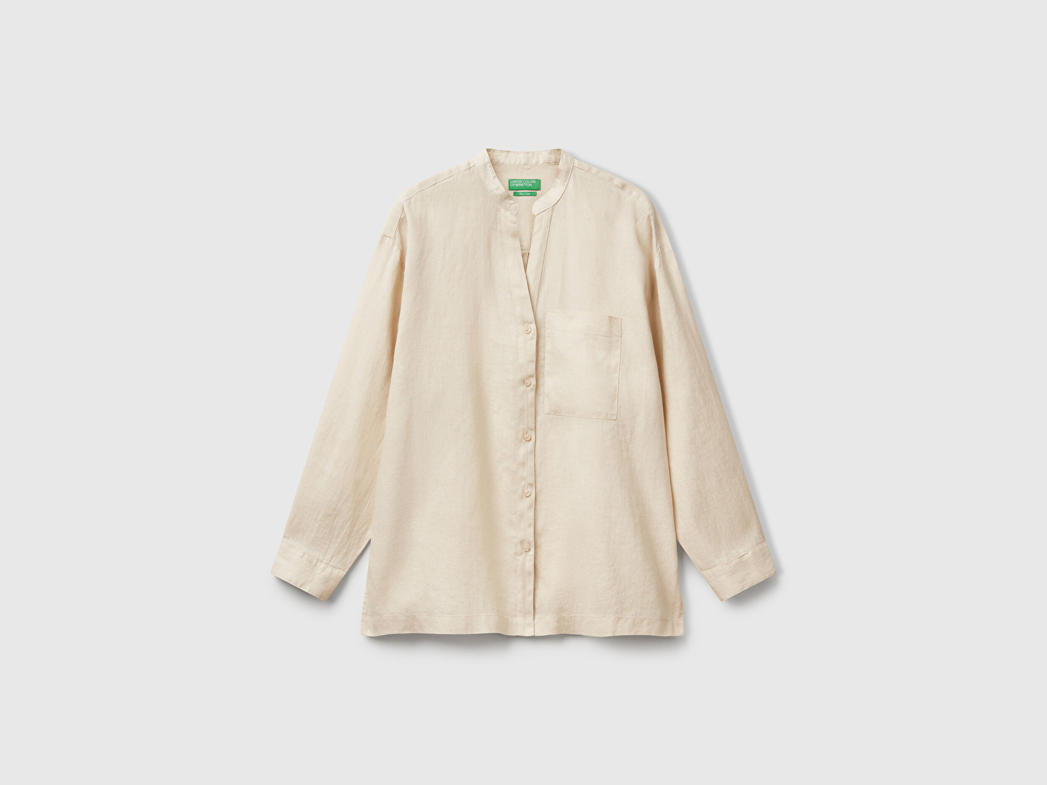 Benetton Kadın Taş Rengi %100 Keten Sol Önü Cepli Oversize Mandarin Yaka Gömlek