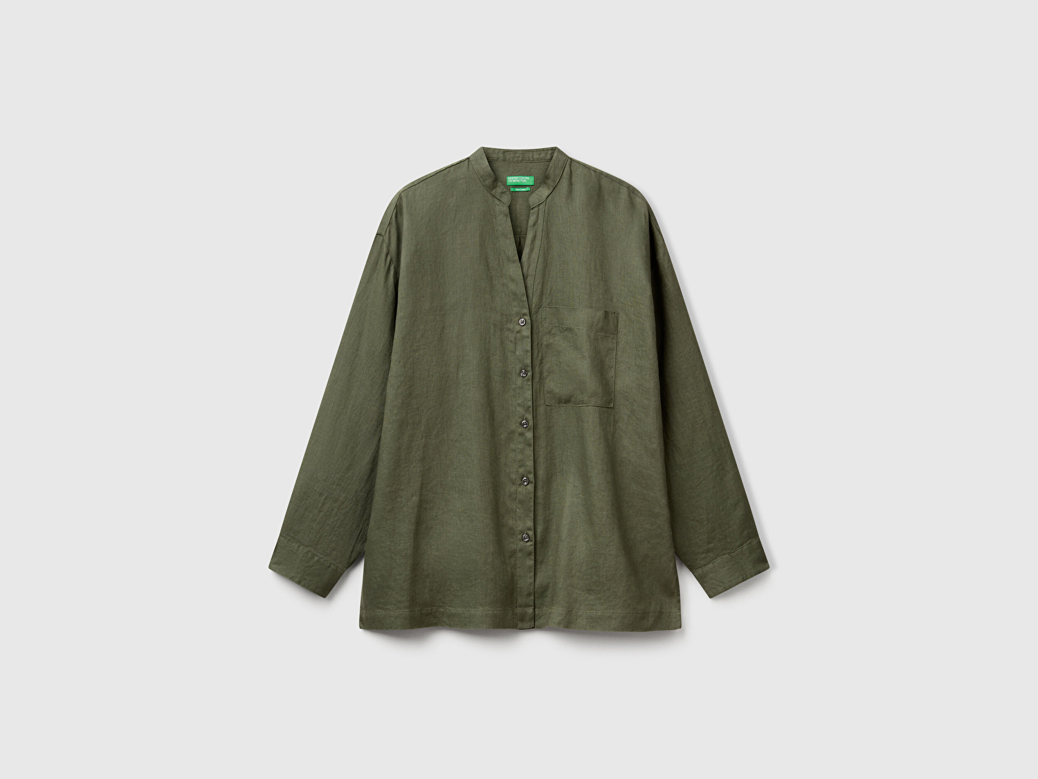 Benetton Kadın Haki %100 Keten Sol Önü Cepli Oversize Mandarin Yaka Gömlek